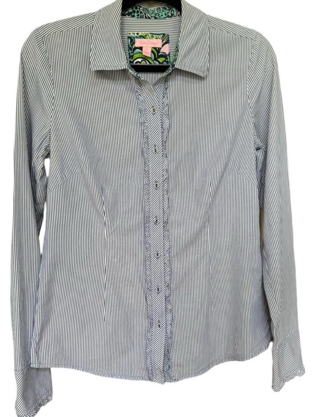 Lilly Pulitzer | Navy White Stripe Button Down | Lilly Print Lining | Size 4 | 🌊